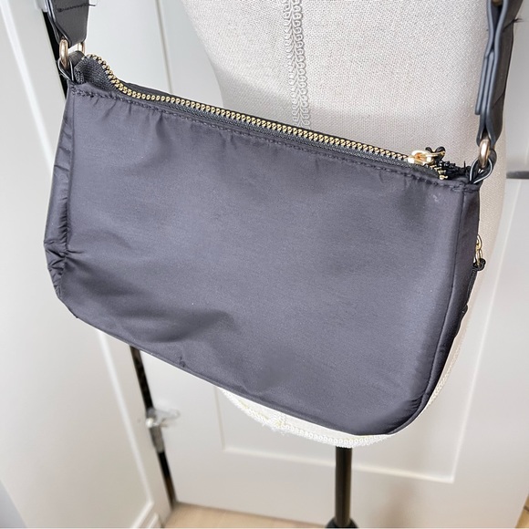 Convertible Crossbody Shoulder Black Nylon Fabric Small Zip Bag Gold Adjustable - Picture 9 of 16
